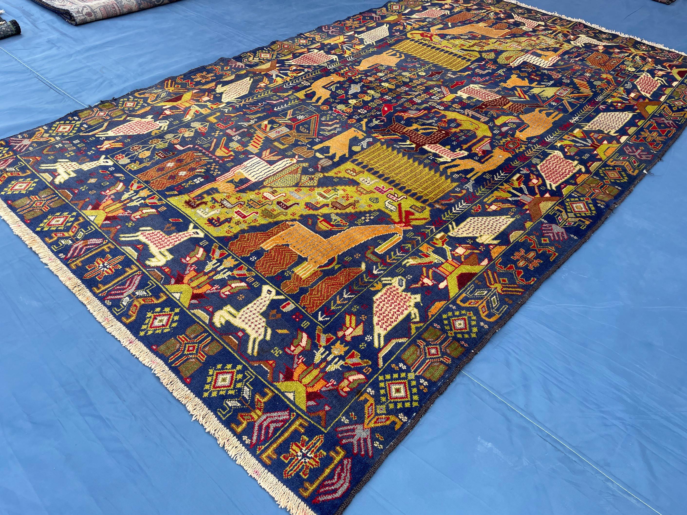 Vintage 4x7 ft Pictorial Tribal Rug, Deep Blue Animal Scene Carpet, Handwoven Folk Art