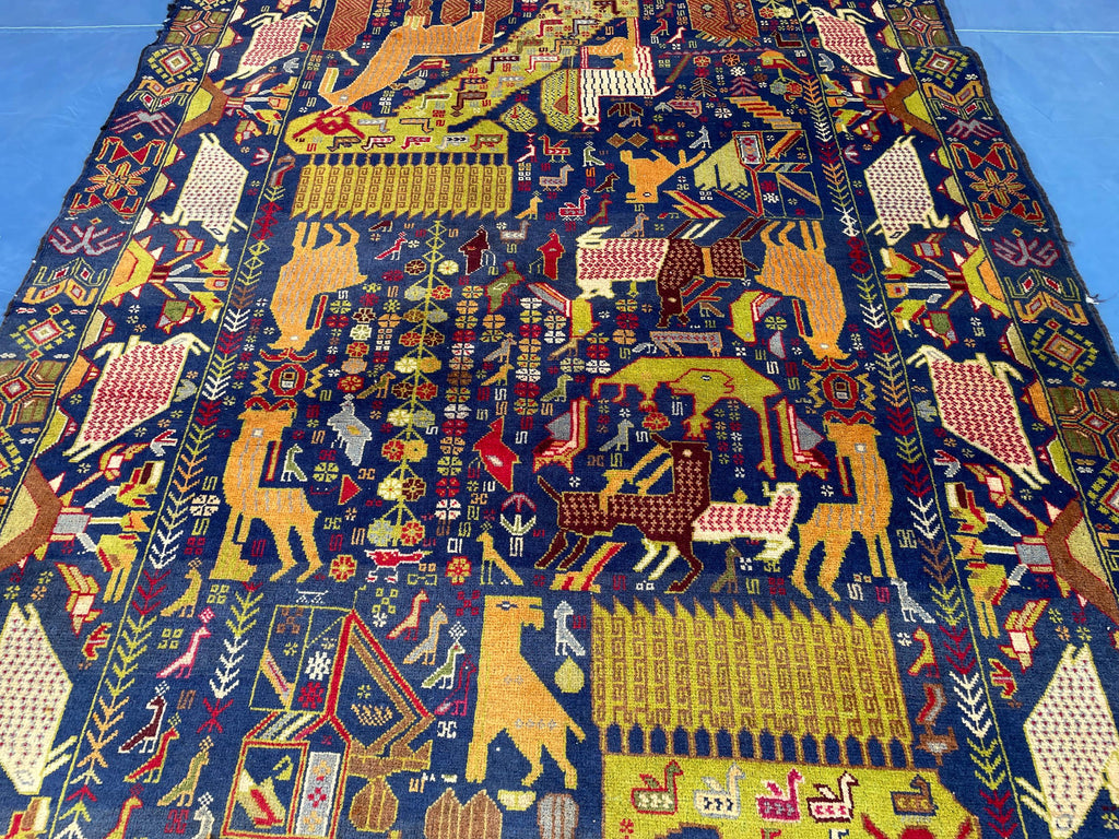 Vintage 4x7 ft Pictorial Tribal Rug, Deep Blue Animal Scene Carpet, Handwoven Folk Art