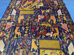 Vintage 4x7 ft Pictorial Tribal Rug, Deep Blue Animal Scene Carpet, Handwoven Folk Art