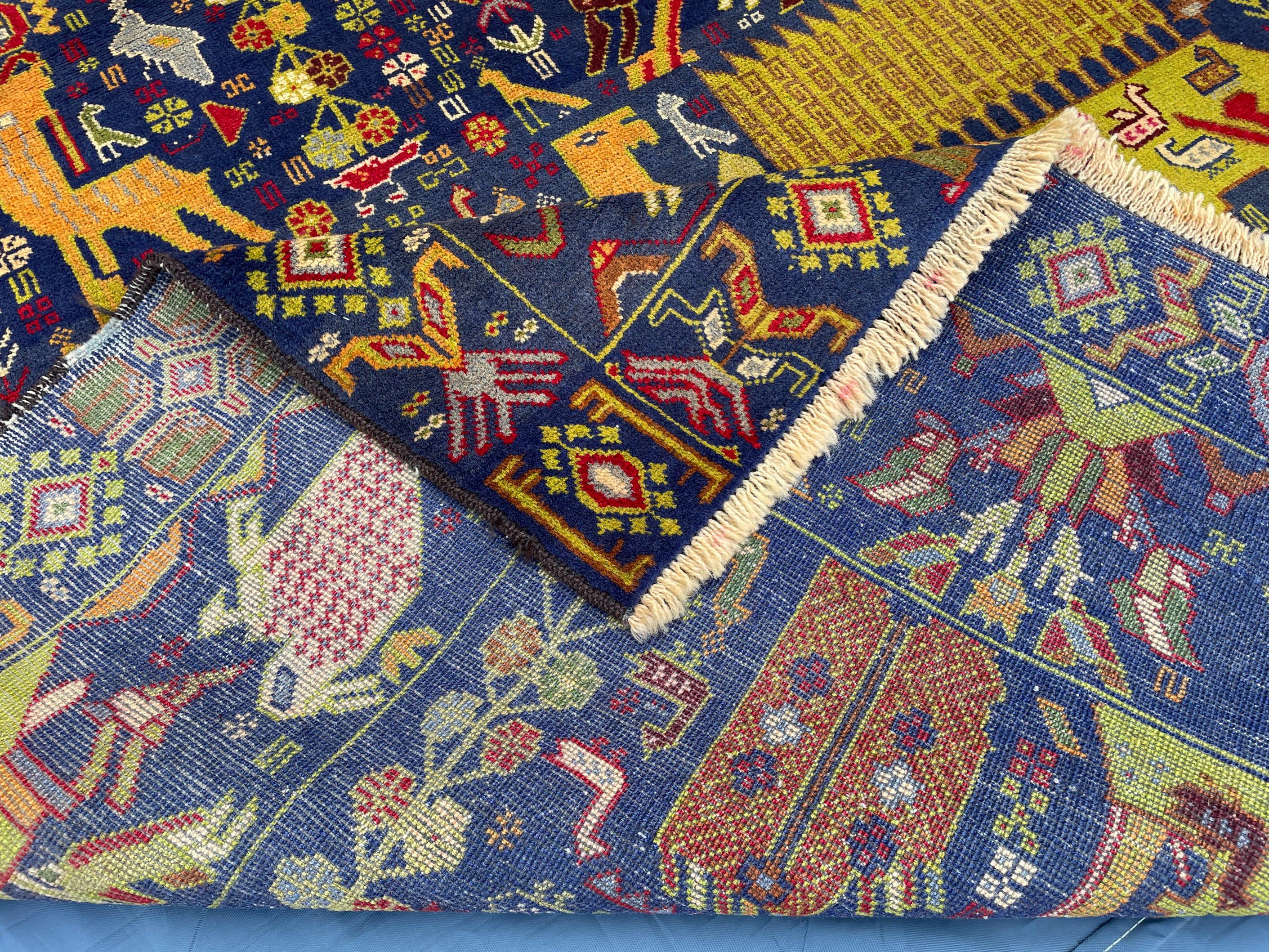Vintage 4x7 ft Pictorial Tribal Rug, Deep Blue Animal Scene Carpet, Handwoven Folk Art