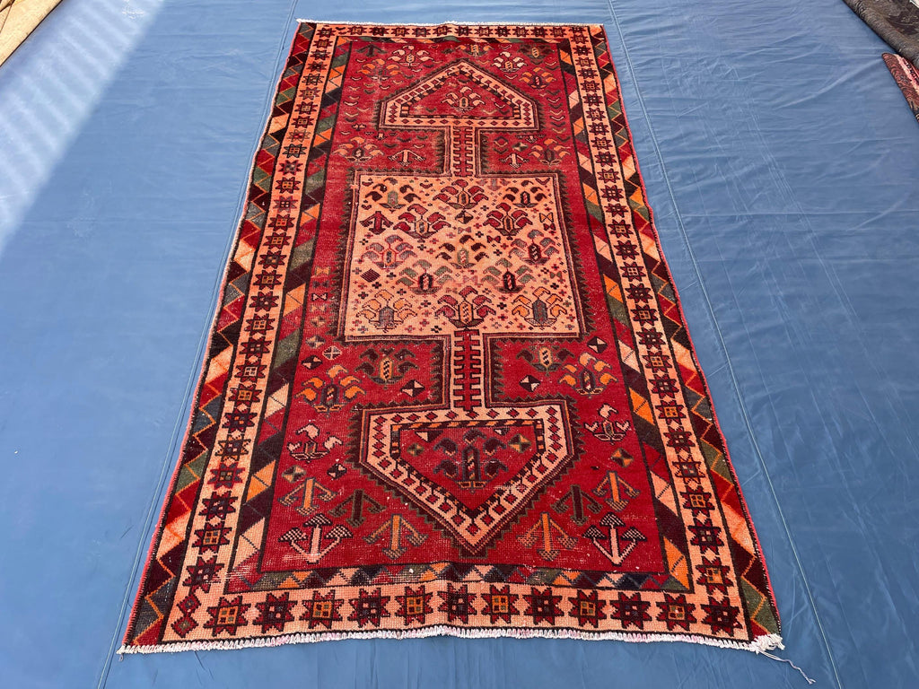 4x9 Rustic Red Vintage Handwoven Wool Rug, Carpet for Farmhouse