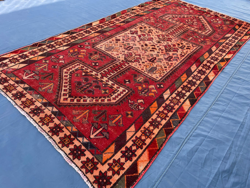 4x9 Rustic Red Vintage Handwoven Wool Rug, Carpet for Farmhouse