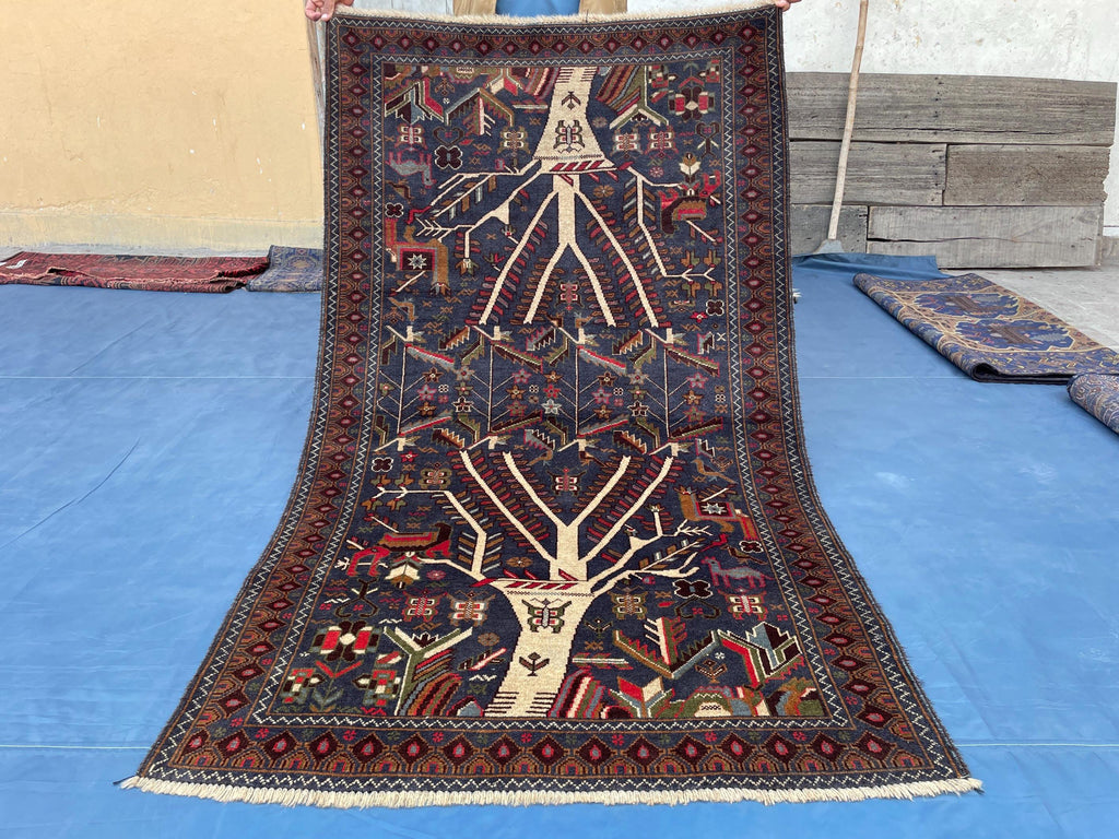 3.7x6.5 ft Tree of Life Handmade Afghan Wool Area Rug, Boho Bedroom Decor