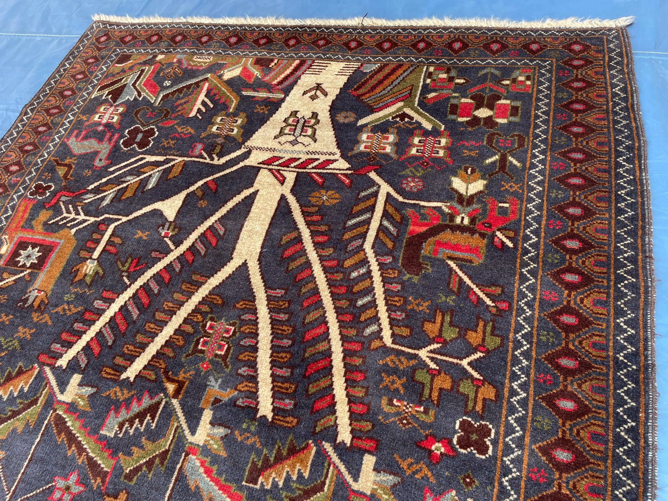 3.7x6.5 ft Tree of Life Handmade Afghan Wool Area Rug, Boho Bedroom Decor
