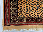 Antique Geometric Rug 4.9x6.6 Ft, Gold Field Black Border Carpet, Vintage Fringed Area Rug
