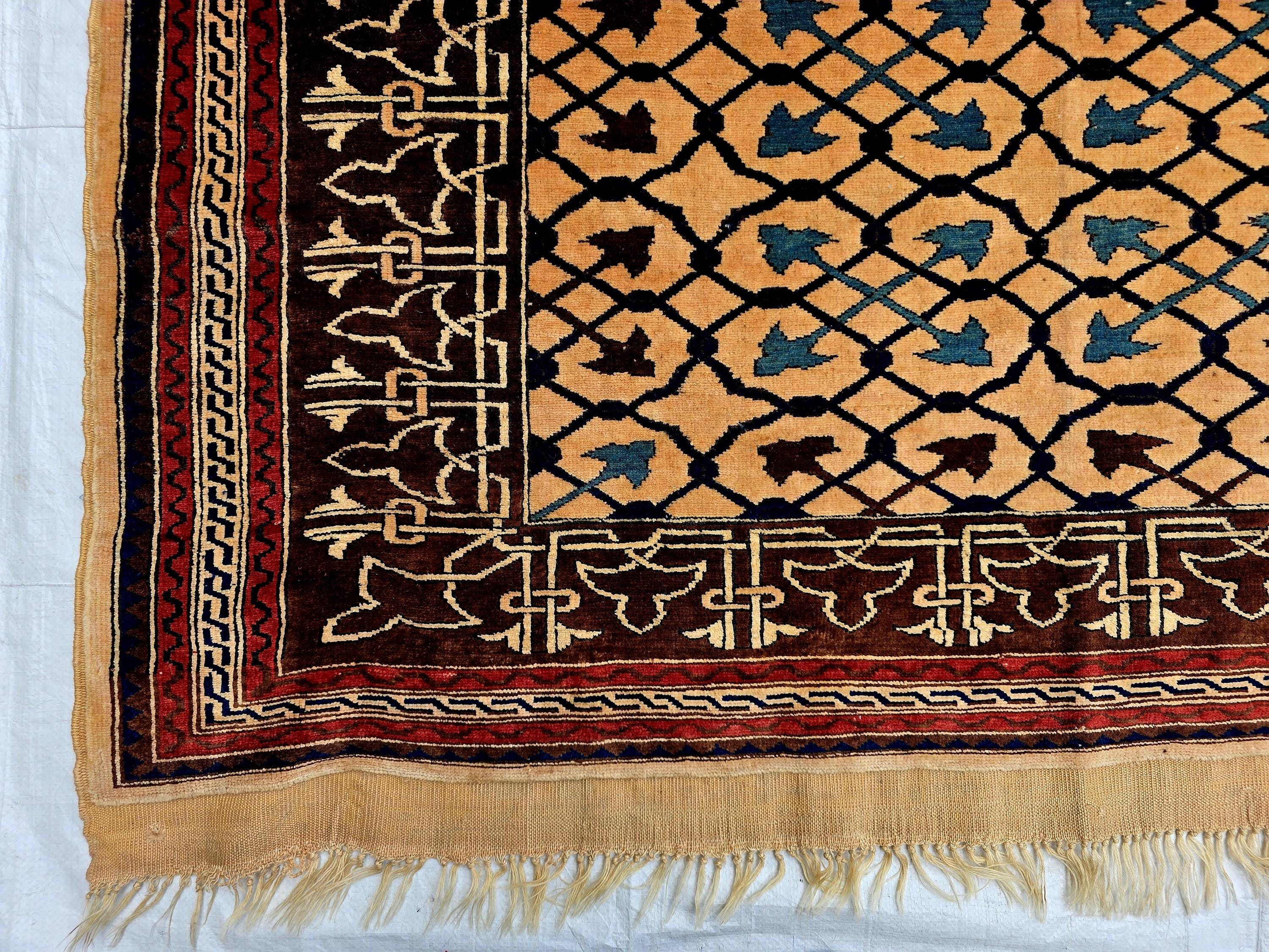 Antique Geometric Rug 4.9x6.6 Ft, Gold Field Black Border Carpet, Vintage Fringed Area Rug