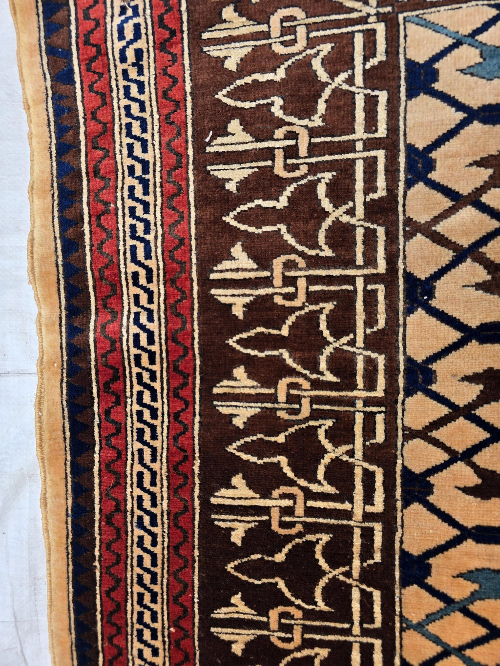 Antique Geometric Rug 4.9x6.6 Ft, Gold Field Black Border Carpet, Vintage Fringed Area Rug