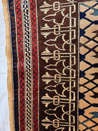 Antique Geometric Rug 4.9x6.6 Ft, Gold Field Black Border Carpet, Vintage Fringed Area Rug