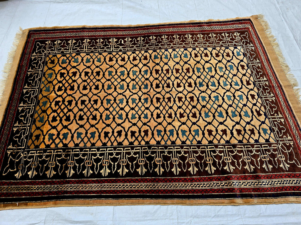Antique Geometric Rug 4.9x6.6 Ft, Gold Field Black Border Carpet, Vintage Fringed Area Rug