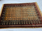 Antique Geometric Rug 4.9x6.6 Ft, Gold Field Black Border Carpet, Vintage Fringed Area Rug