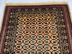Antique Geometric Rug 4.9x6.6 Ft, Gold Field Black Border Carpet, Vintage Fringed Area Rug