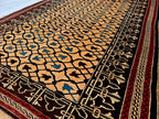 Antique Geometric Rug 4.9x6.6 Ft, Gold Field Black Border Carpet, Vintage Fringed Area Rug