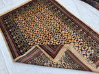 Antique Geometric Rug 4.9x6.6 Ft, Gold Field Black Border Carpet, Vintage Fringed Area Rug