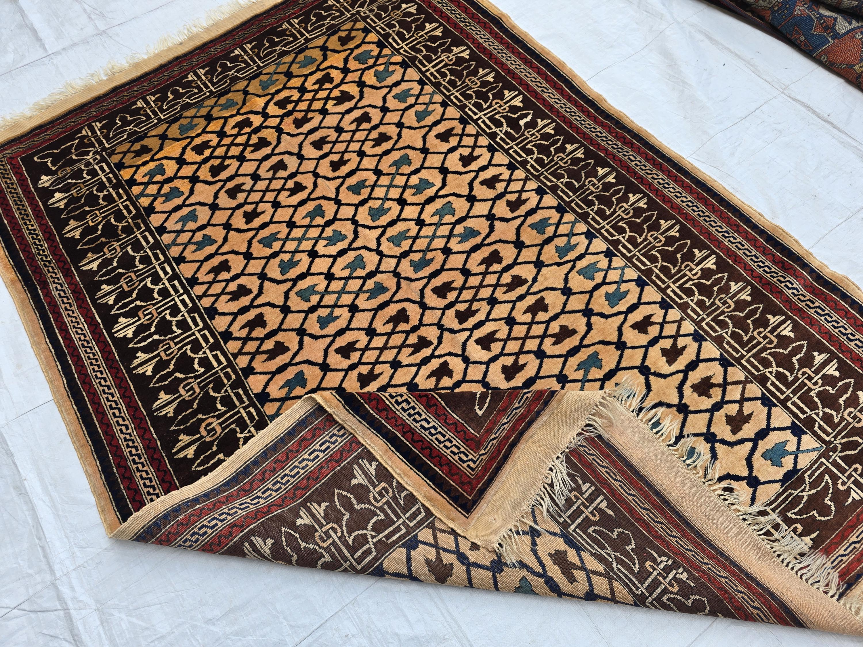Antique Geometric Rug 4.9x6.6 Ft, Gold Field Black Border Carpet, Vintage Fringed Area Rug