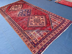 Vintage 4'8x9'6 ft Afghan Tribal Rug – Red & Indigo Geometric Design – Handwoven Antique Wool Carpet