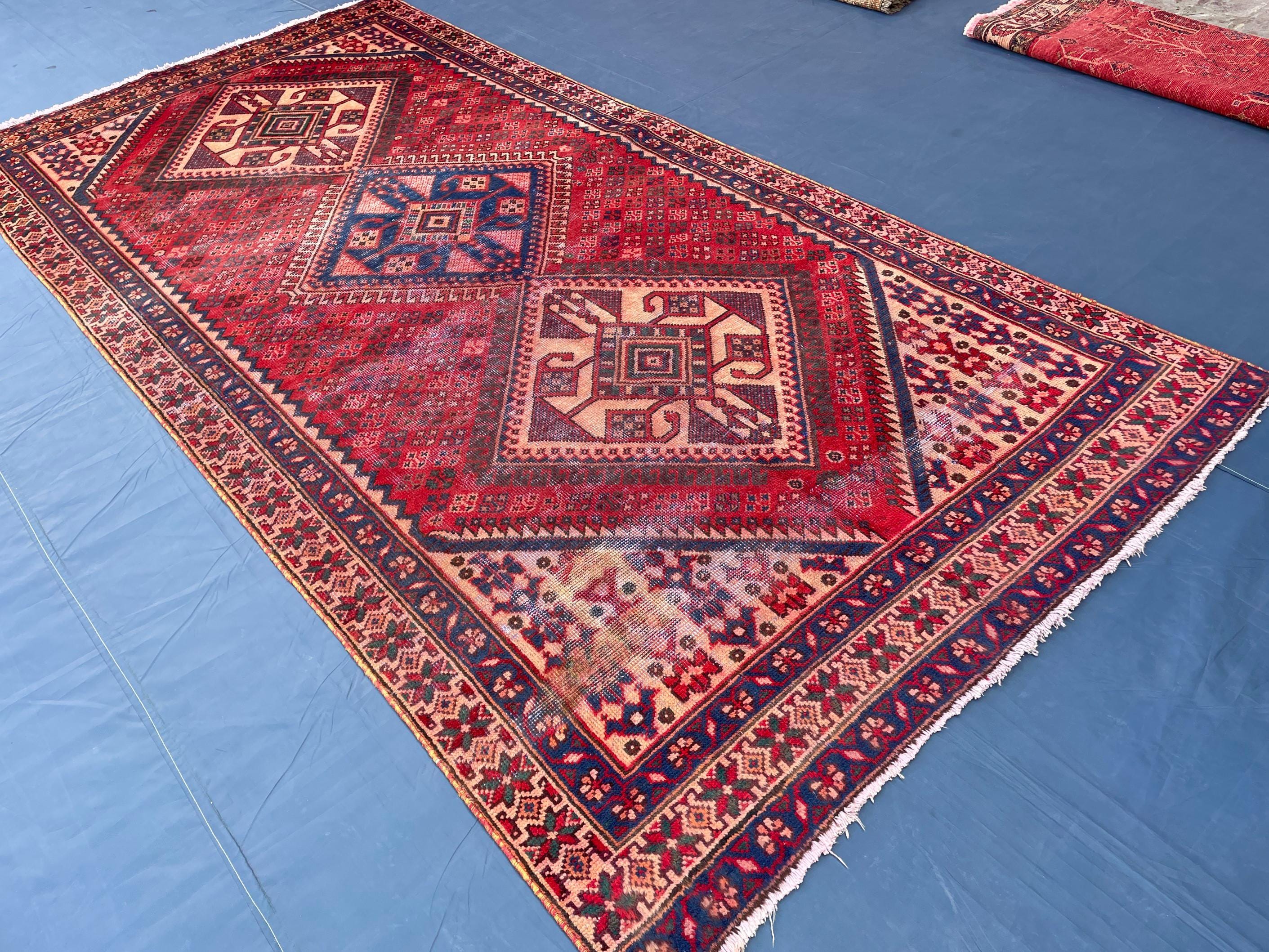 Vintage 4'8x9'6 ft Afghan Tribal Rug – Red & Indigo Geometric Design – Handwoven Antique Wool Carpet