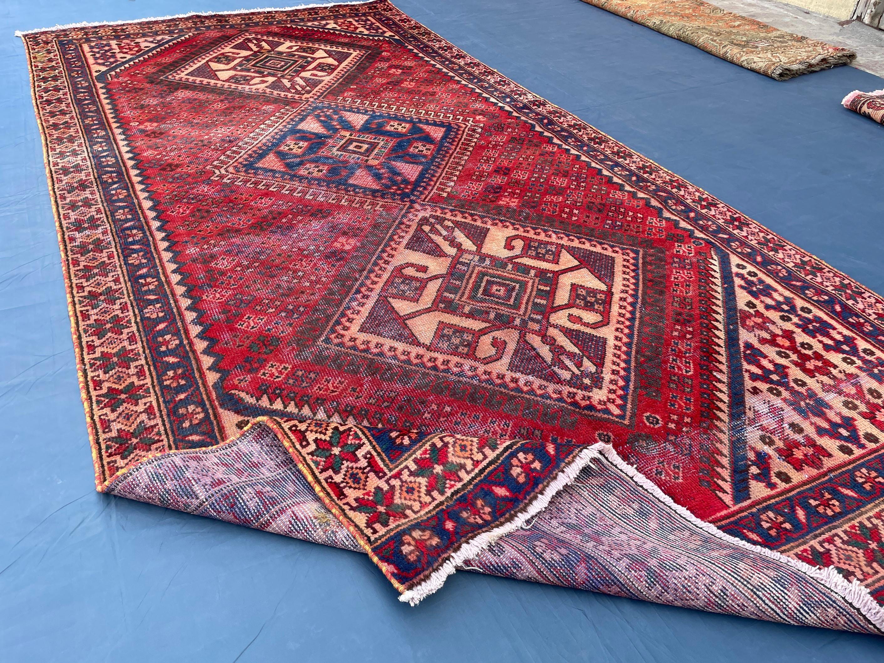 Vintage 4'8x9'6 ft Afghan Tribal Rug – Red & Indigo Geometric Design – Handwoven Antique Wool Carpet