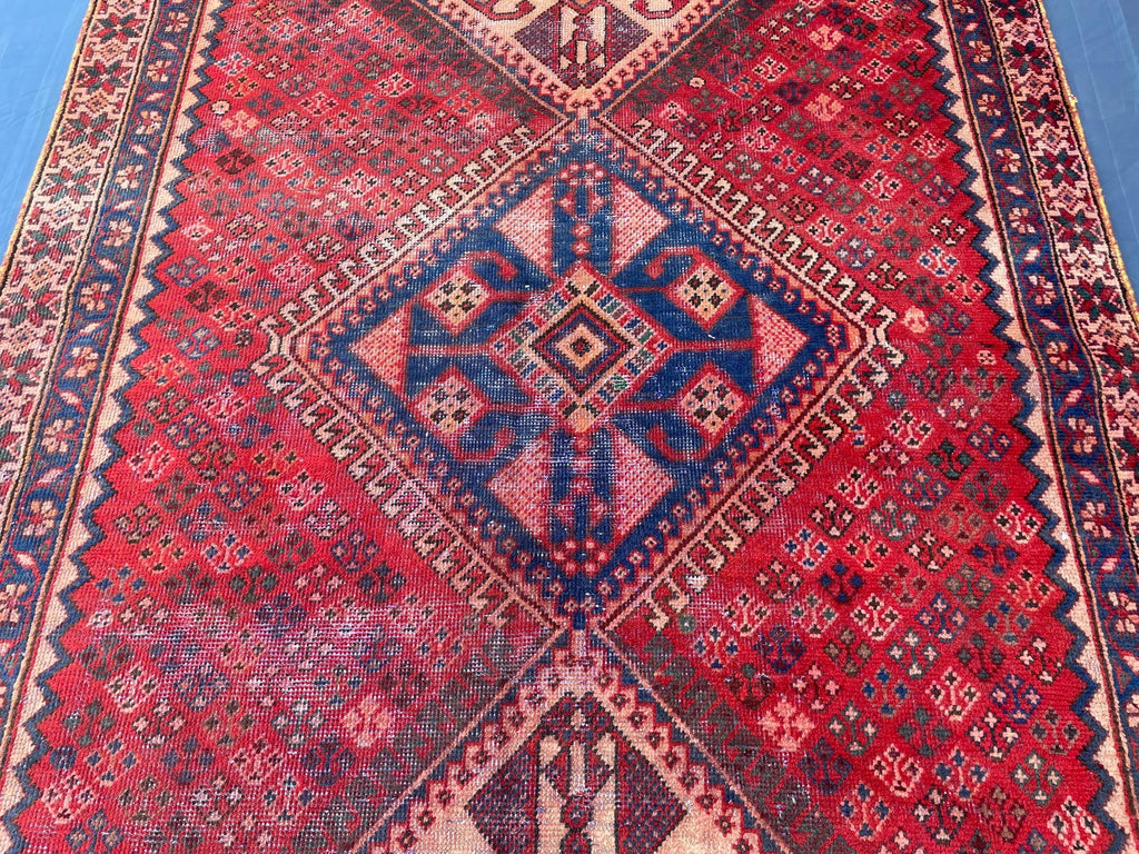 Vintage 4'8x9'6 ft Afghan Tribal Rug – Red & Indigo Geometric Design – Handwoven Antique Wool Carpet