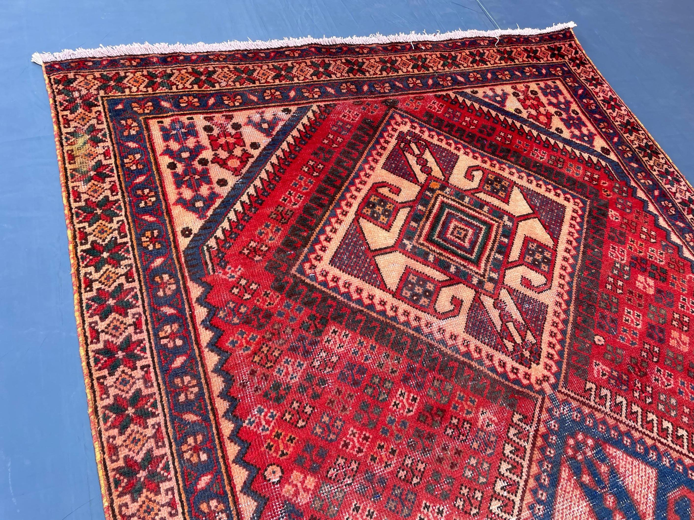 Vintage 4'8x9'6 ft Afghan Tribal Rug – Red & Indigo Geometric Design – Handwoven Antique Wool Carpet