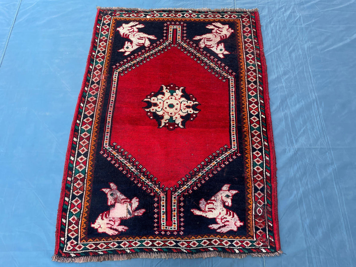 3.6x4.10 1950s Vintage Handmade Herati Rug for Bedroom or Entryway, Rustic Home Decor