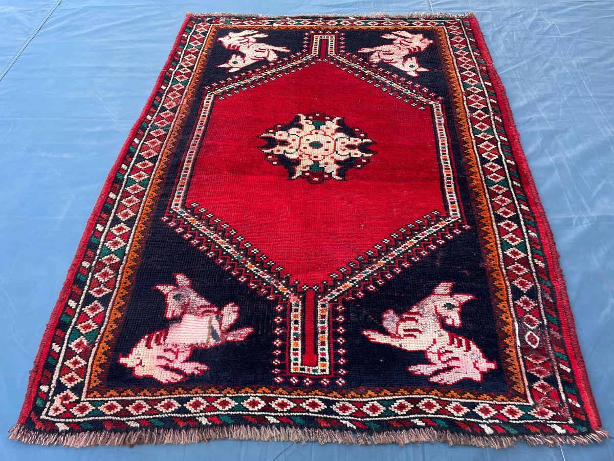 3.6x4.10 1950s Vintage Handmade Herati Rug for Bedroom or Entryway, Rustic Home Decor