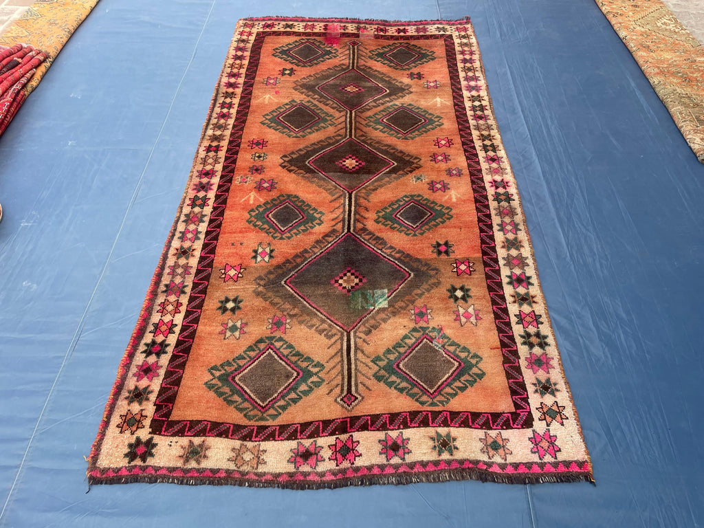 Warm Terracotta 1940s Antique 5x9 Handwoven Wool Rug, Vintage Bohemian Area Rug