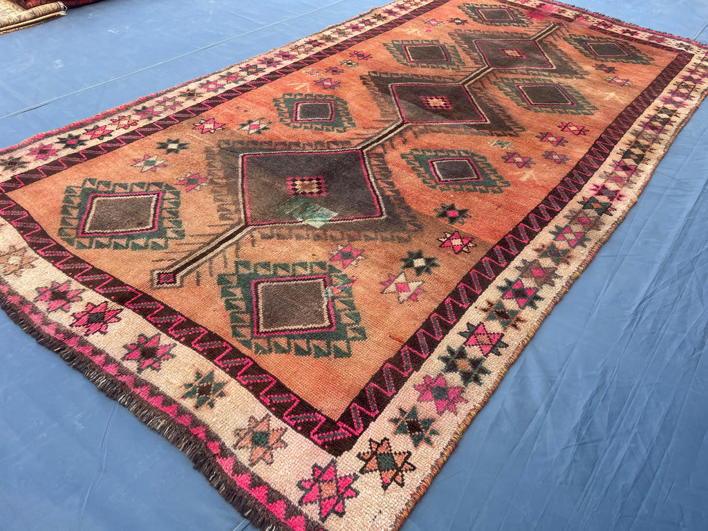 Warm Terracotta 1940s Antique 5x9 Handwoven Wool Rug, Vintage Bohemian Area Rug