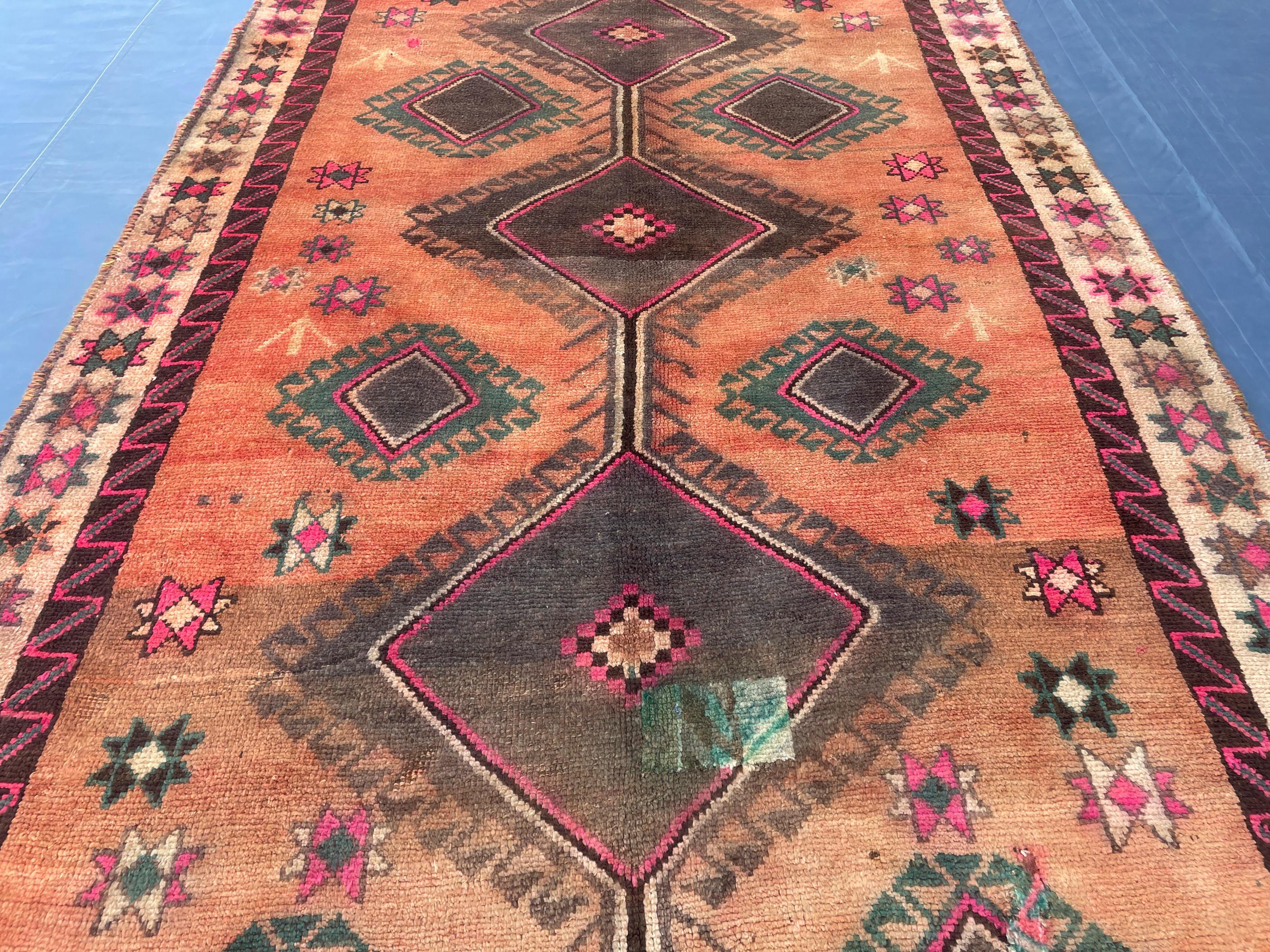 Warm Terracotta 1940s Antique 5x9 Handwoven Wool Rug, Vintage Bohemian Area Rug