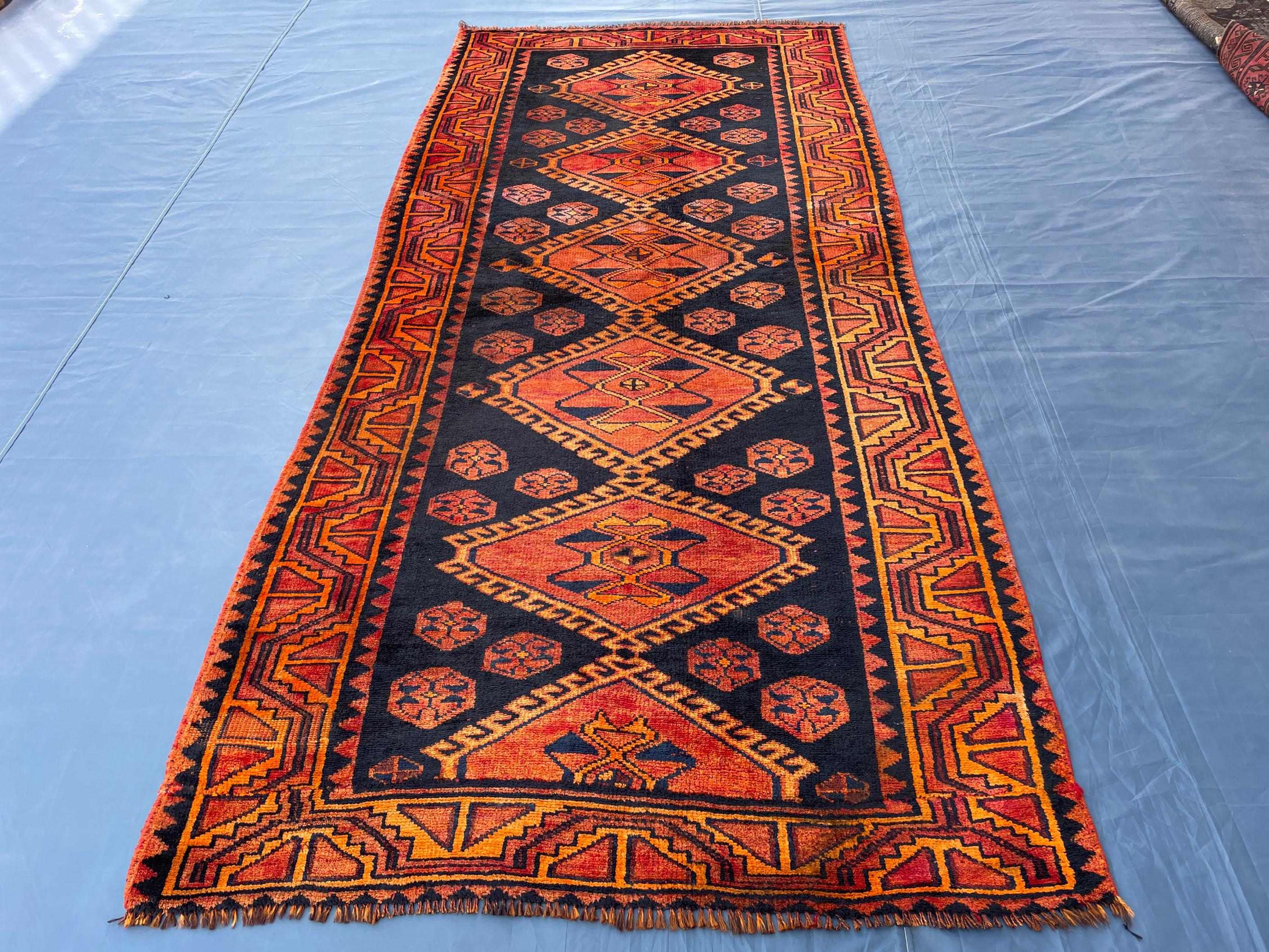 Black & Rust Hallway Rug 3'10x8'6 Vintage Afghan Runner Rug – 1940s Antique, Handmade Wool Carpet