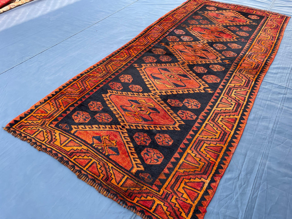 Black & Rust Hallway Rug 3'10x8'6 Vintage Afghan Runner Rug – 1940s Antique, Handmade Wool Carpet