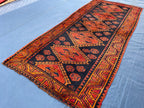 Black & Rust Hallway Rug 3'10x8'6 Vintage Afghan Runner Rug – 1940s Antique, Handmade Wool Carpet