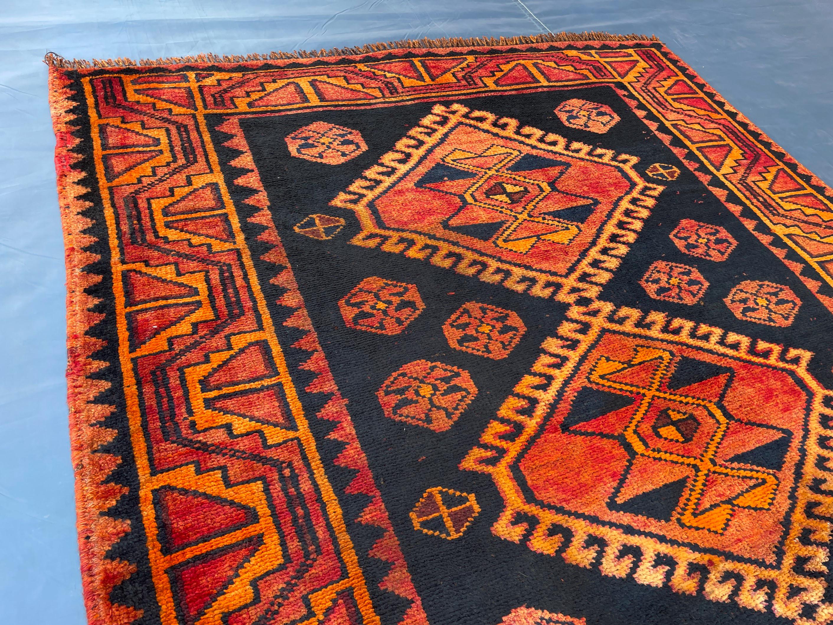 Black & Rust Hallway Rug 3'10x8'6 Vintage Afghan Runner Rug – 1940s Antique, Handmade Wool Carpet