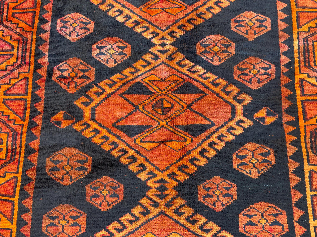 Black & Rust Hallway Rug 3'10x8'6 Vintage Afghan Runner Rug – 1940s Antique, Handmade Wool Carpet