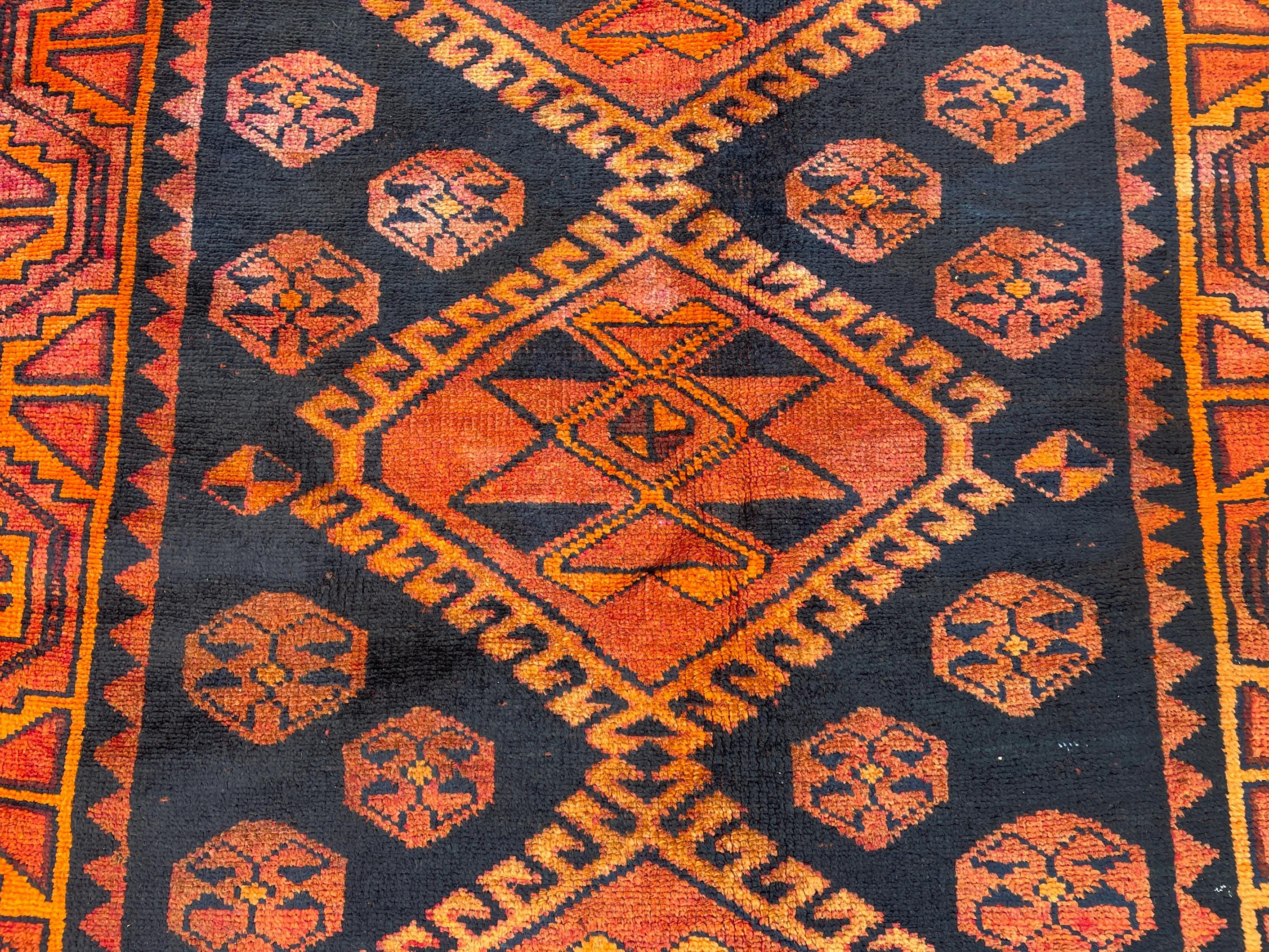 Black & Rust Hallway Rug 3'10x8'6 Vintage Afghan Runner Rug – 1940s Antique, Handmade Wool Carpet
