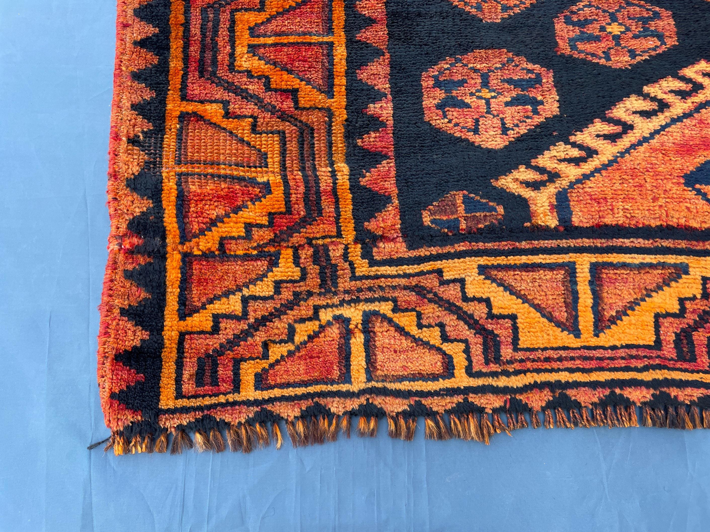 Black & Rust Hallway Rug 3'10x8'6 Vintage Afghan Runner Rug – 1940s Antique, Handmade Wool Carpet