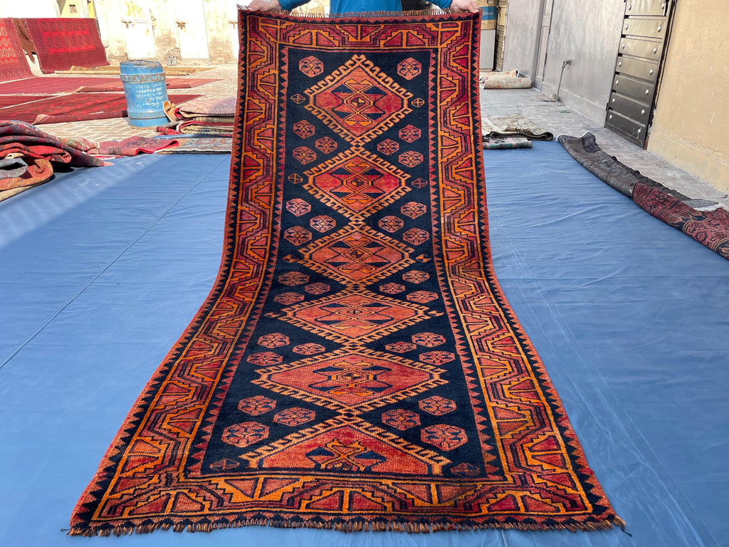 Black & Rust Hallway Rug 3'10x8'6 Vintage Afghan Runner Rug – 1940s Antique, Handmade Wool Carpet