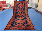 Black & Rust Hallway Rug 3'10x8'6 Vintage Afghan Runner Rug – 1940s Antique, Handmade Wool Carpet