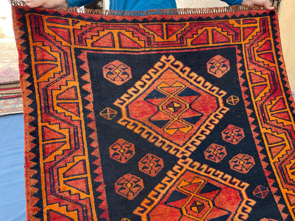 Black & Rust Hallway Rug 3'10x8'6 Vintage Afghan Runner Rug – 1940s Antique, Handmade Wool Carpet