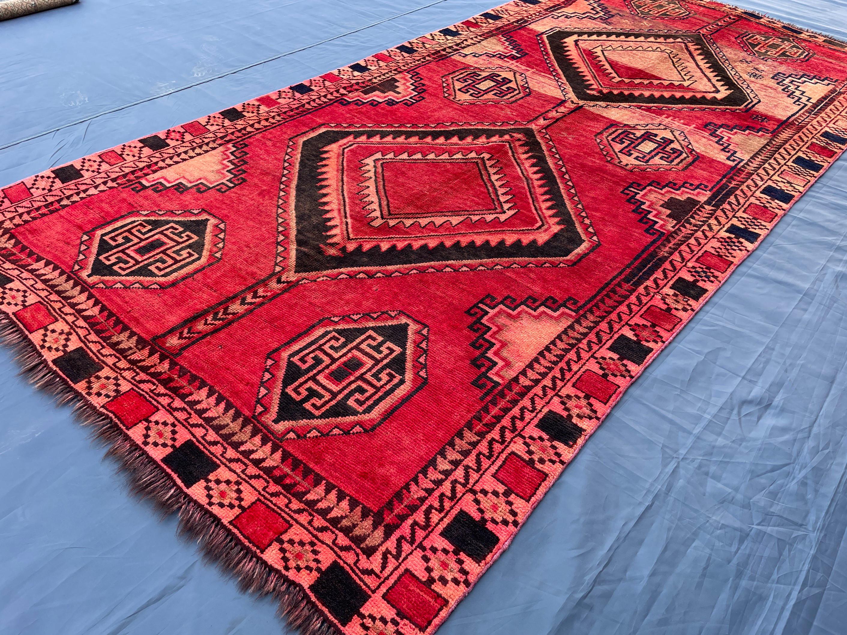 4'4x9 ft Vintage Tribal Runner Rug – Afghan Handmade Wool Geometric Rustic Hallway Carpet