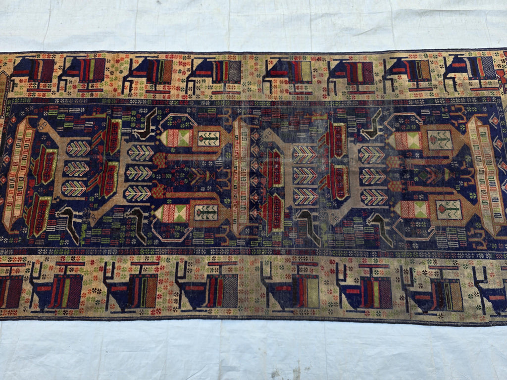 Antique Baluchi Runner Rug 3'6" x 7'5" Tribal Pictorial Design in Navy, Rust & Beige