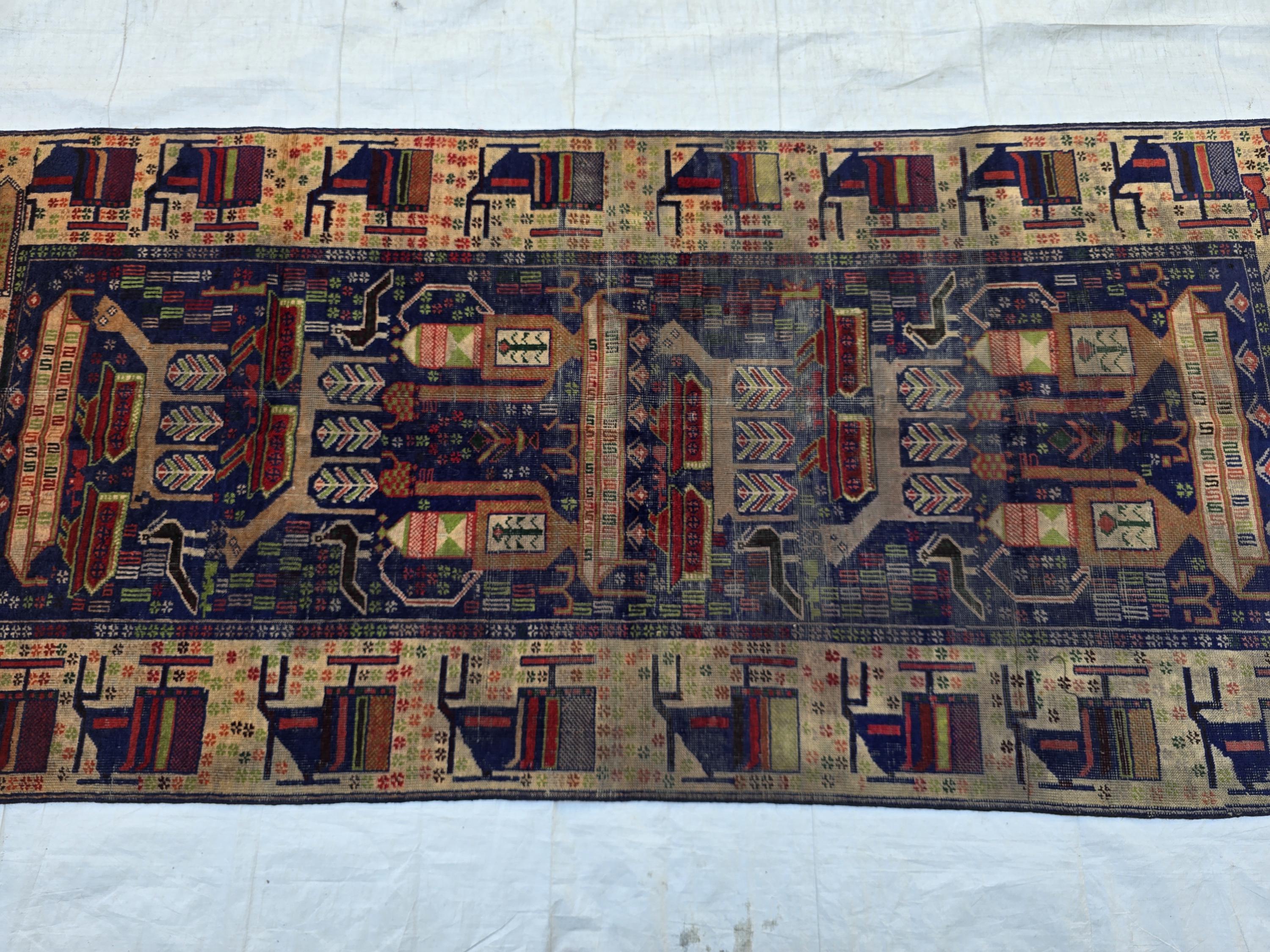 Antique Baluchi Runner Rug 3'6" x 7'5" Tribal Pictorial Design in Navy, Rust & Beige