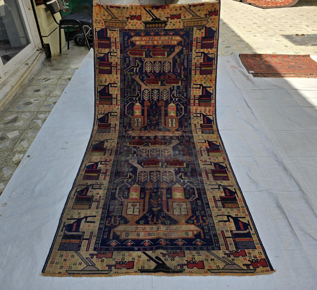 Antique Baluchi Runner Rug 3'6" x 7'5" Tribal Pictorial Design in Navy, Rust & Beige