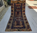 Antique Baluchi Runner Rug 3'6" x 7'5" Tribal Pictorial Design in Navy, Rust & Beige