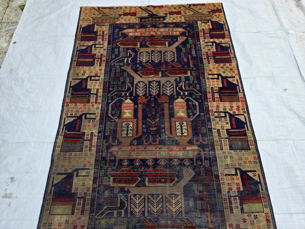 Antique Baluchi Runner Rug 3'6" x 7'5" Tribal Pictorial Design in Navy, Rust & Beige