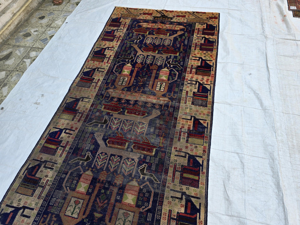 Antique Baluchi Runner Rug 3'6" x 7'5" Tribal Pictorial Design in Navy, Rust & Beige