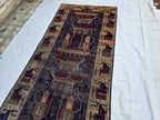 Antique Baluchi Runner Rug 3'6" x 7'5" Tribal Pictorial Design in Navy, Rust & Beige