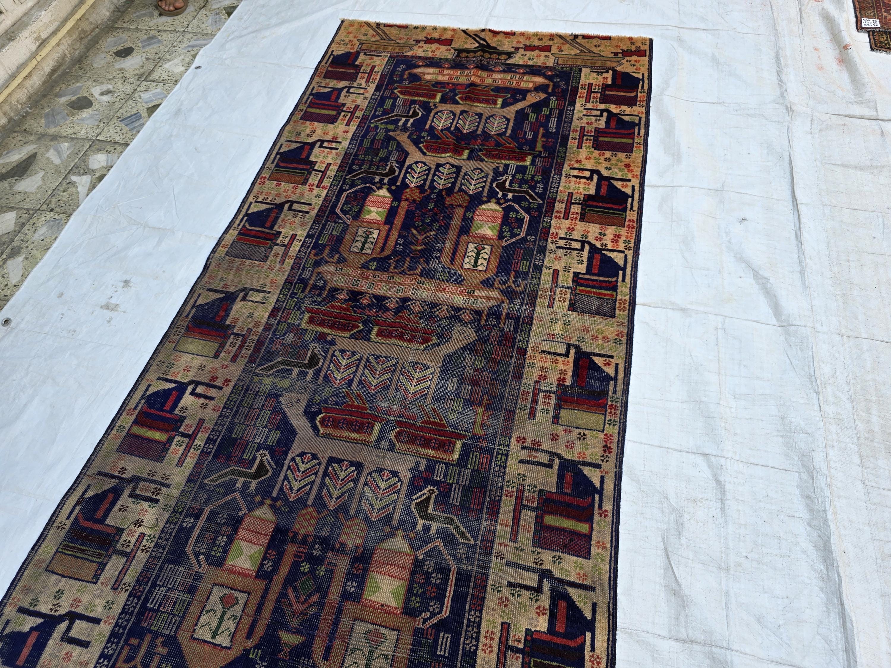 Antique Baluchi Runner Rug 3'6" x 7'5" Tribal Pictorial Design in Navy, Rust & Beige