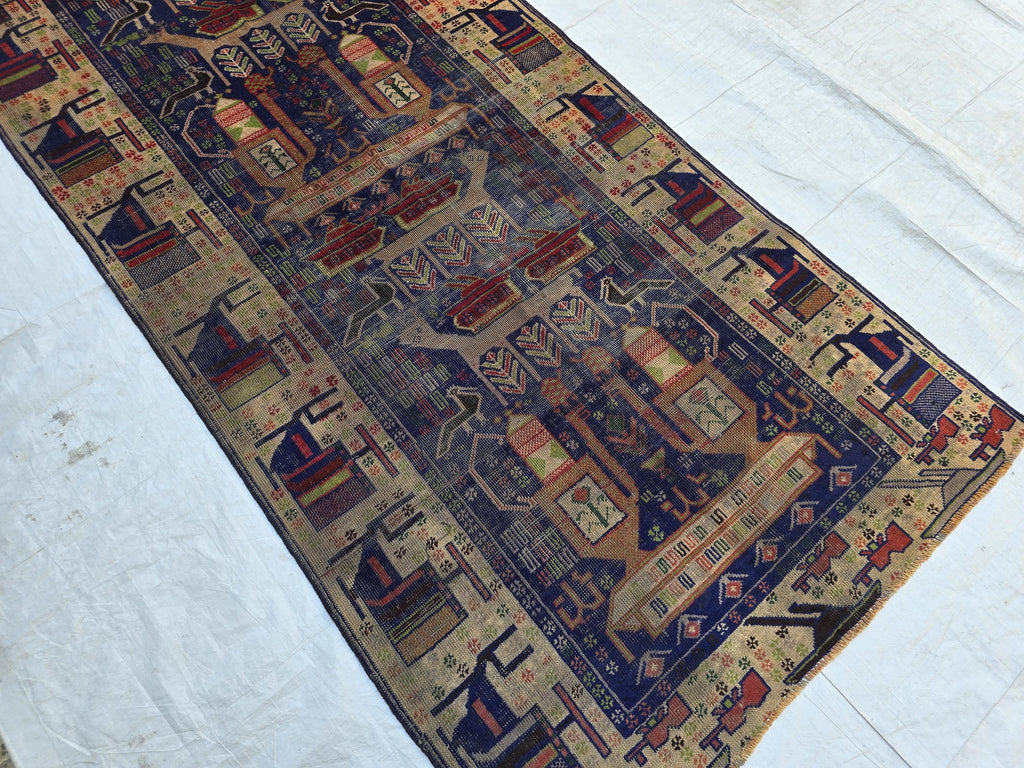 Antique Baluchi Runner Rug 3'6" x 7'5" Tribal Pictorial Design in Navy, Rust & Beige