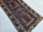 Antique Baluchi Runner Rug 3'6" x 7'5" Tribal Pictorial Design in Navy, Rust & Beige