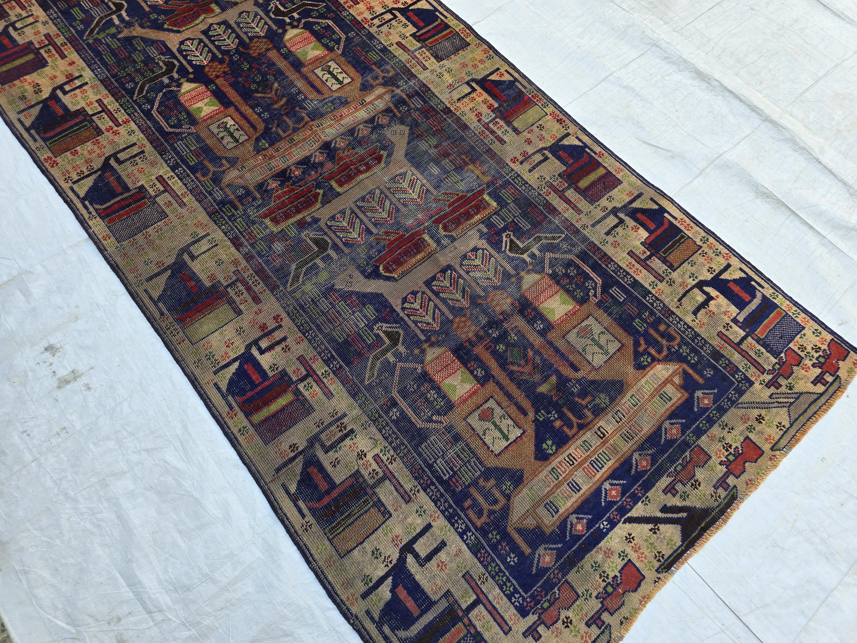 Antique Baluchi Runner Rug 3'6" x 7'5" Tribal Pictorial Design in Navy, Rust & Beige